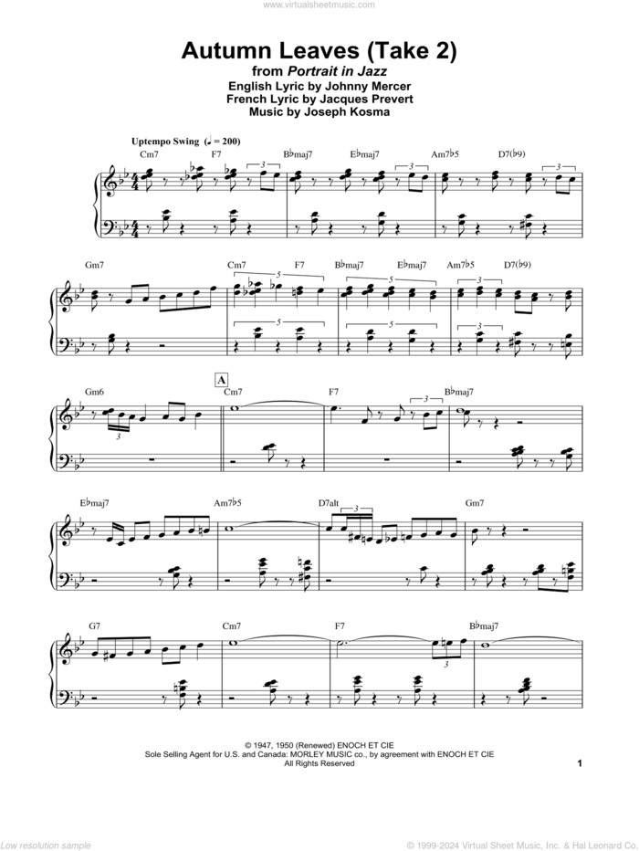 Autumn Leaves sheet music for piano solo by Bill Evans, Jacques Prevert, Johnny Mercer and Joseph Kosma, intermediate skill level