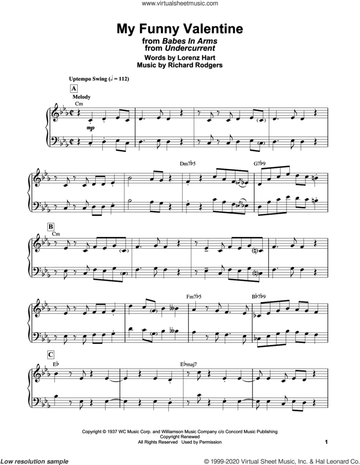 My Funny Valentine (from Babes In Arms) sheet music for piano solo by Bill Evans, Lorenz Hart and Richard Rodgers, intermediate skill level