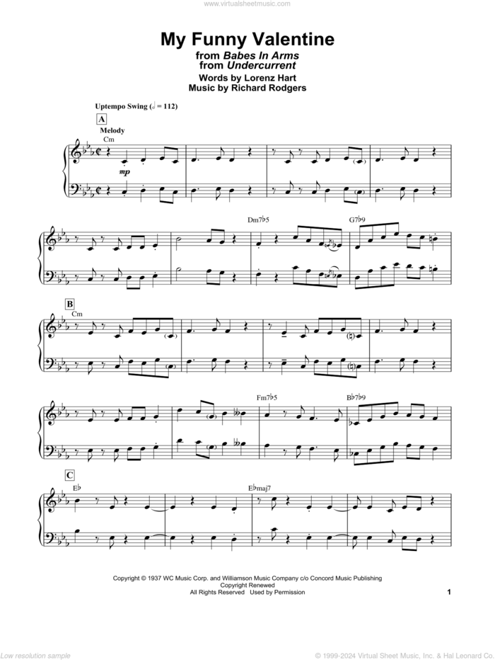 My Funny Valentine (from Babes In Arms) sheet music for piano solo by Bill Evans, Lorenz Hart and Richard Rodgers, intermediate skill level