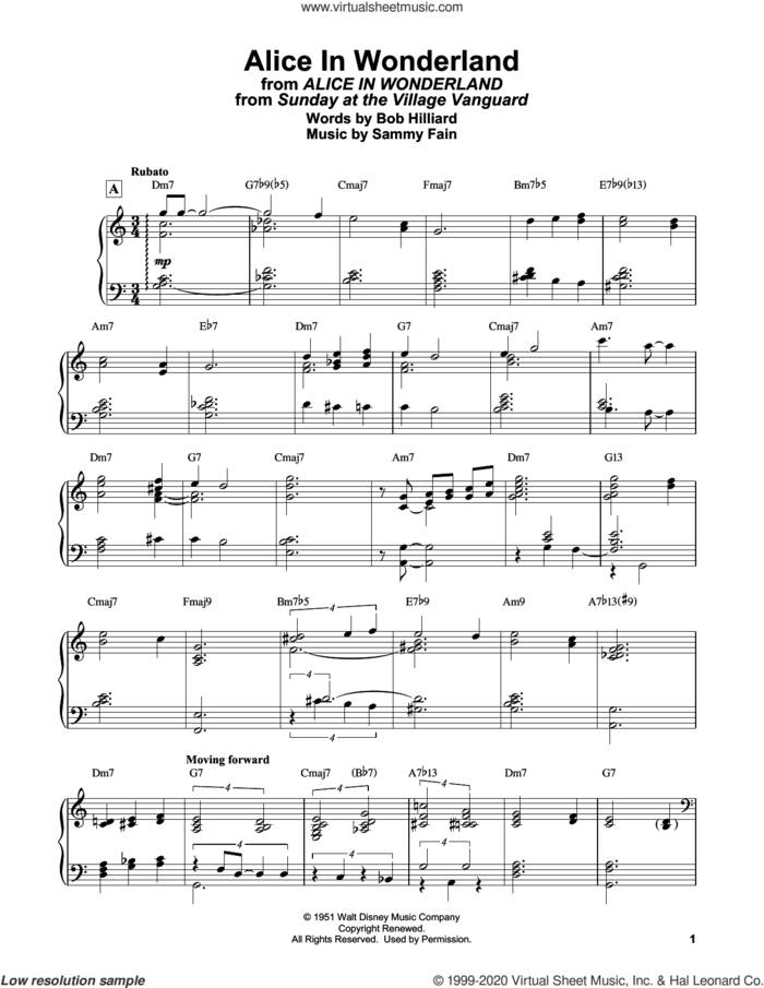 Alice In Wonderland sheet music for piano solo by Bill Evans, Bob Hilliard and Sammy Fain, intermediate skill level