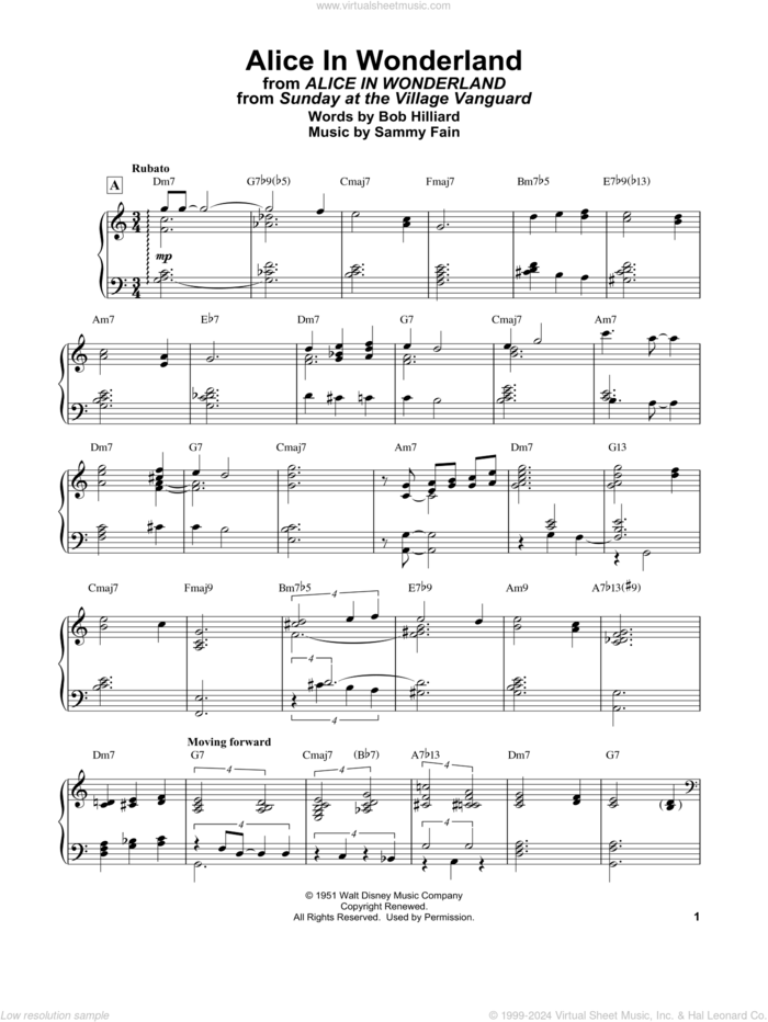 Alice In Wonderland sheet music for piano solo by Bill Evans, Bob Hilliard and Sammy Fain, intermediate skill level