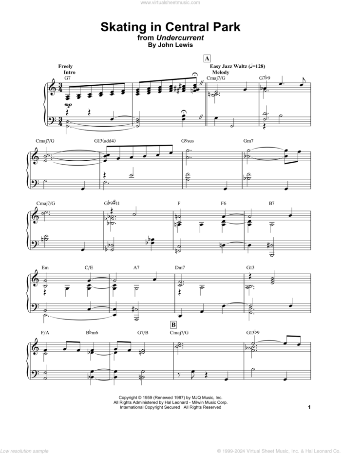 Skating In Central Park sheet music for piano solo by Bill Evans and John Lewis, intermediate skill level