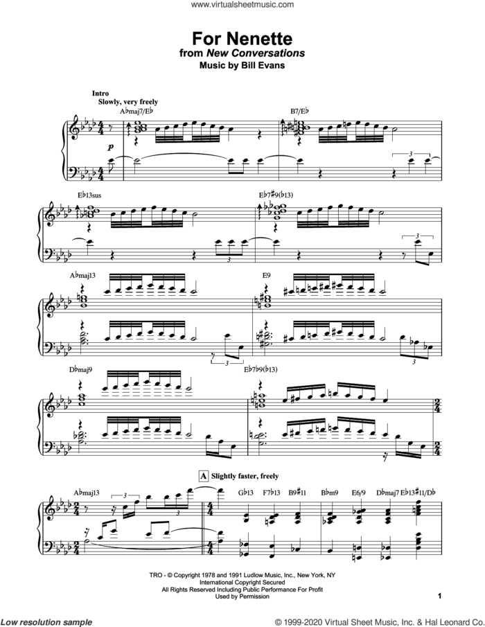 For Nenette sheet music for piano solo by Bill Evans, intermediate skill level