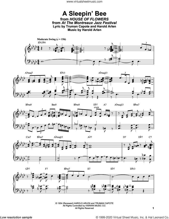 A Sleepin' Bee (from House Of Flowers) sheet music for piano solo by Bill Evans, Harold Arlen and Truman Capote, intermediate skill level