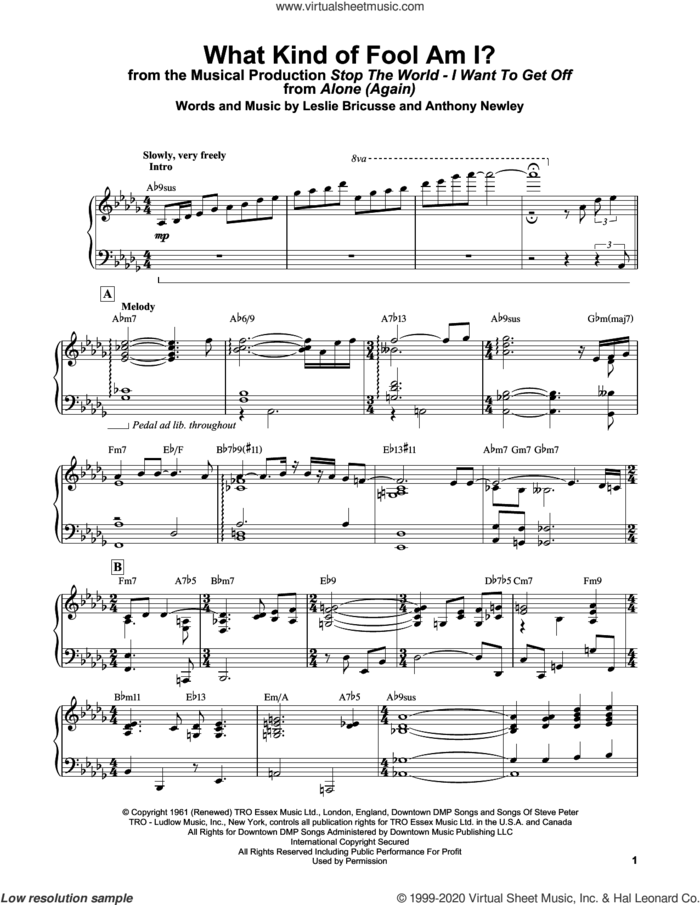 What Kind Of Fool Am I? (from Stop The World - I Want To Get Off) sheet music for piano solo by Bill Evans, Anthony Newley and Leslie Bricusse, intermediate skill level