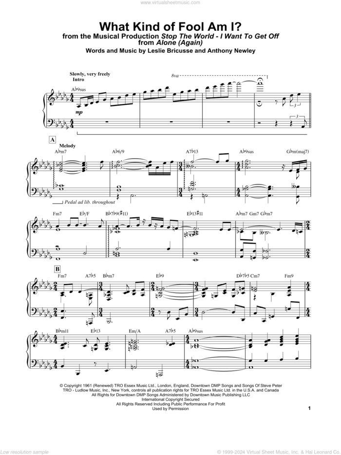 What Kind Of Fool Am I? (from Stop The World - I Want To Get Off) sheet music for piano solo by Bill Evans, Anthony Newley and Leslie Bricusse, intermediate skill level