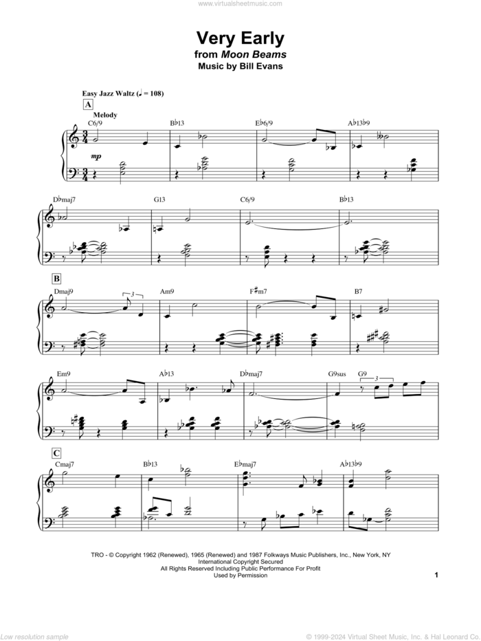 Very Early sheet music for piano solo by Bill Evans, intermediate skill level