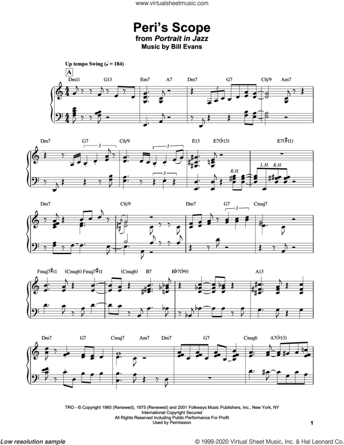 Peri's Scope sheet music for piano solo by Bill Evans, intermediate skill level