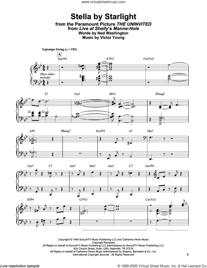 Stella By Starlight (from The Uninvited) sheet music for piano solo by Bill Evans, Ned Washington and Victor Young, intermediate skill level