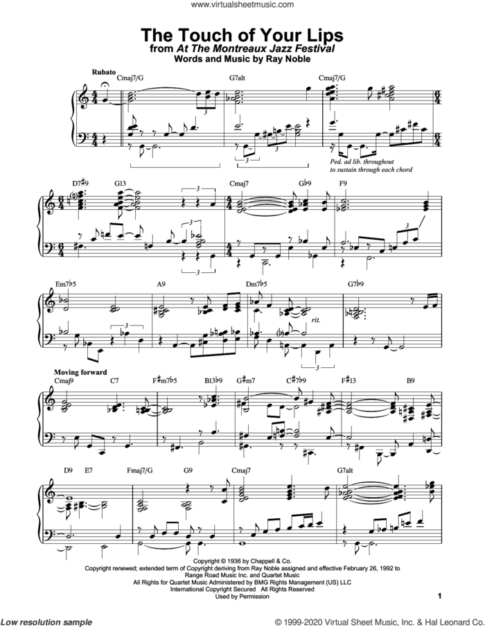 The Touch Of Your Lips sheet music for piano solo by Bill Evans and Ray Noble, intermediate skill level