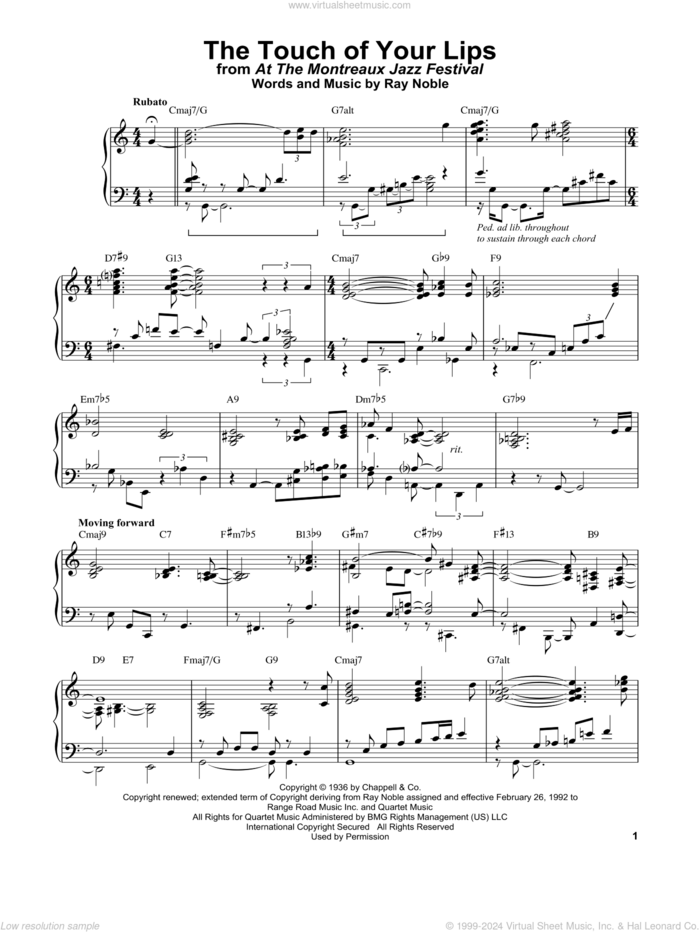 The Touch Of Your Lips sheet music for piano solo by Bill Evans and Ray Noble, intermediate skill level