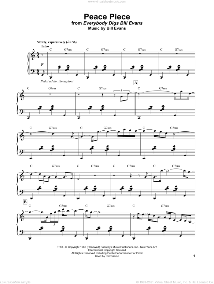 Peace Piece sheet music for piano solo by Bill Evans, intermediate skill level