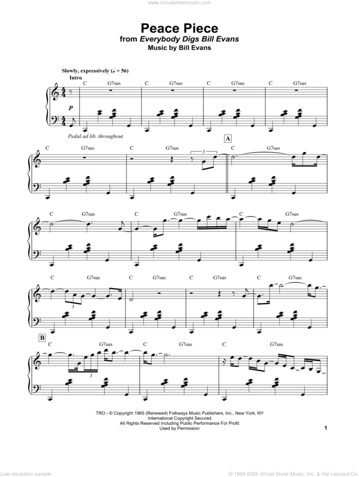 Peace Piece sheet music for piano solo by Bill Evans, intermediate skill level