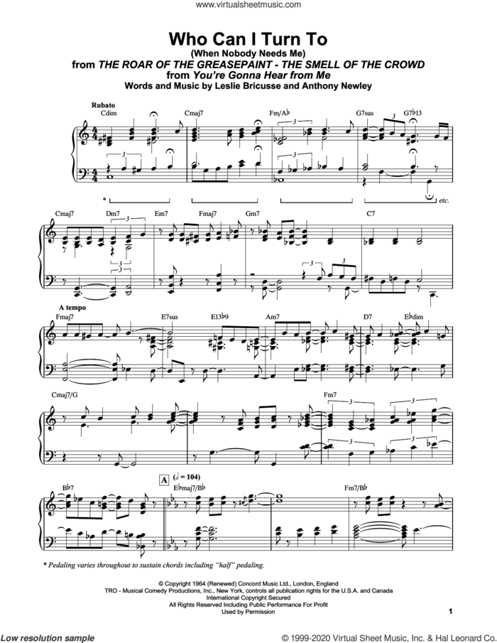 Who Can I Turn To (When Nobody Needs Me) sheet music for piano solo by Bill Evans, Anthony Newley and Leslie Bricusse, intermediate skill level