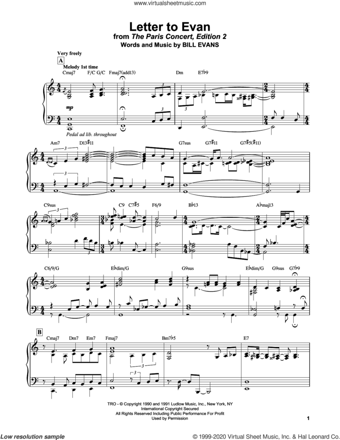 Letter To Evan sheet music for piano solo by Bill Evans, intermediate skill level