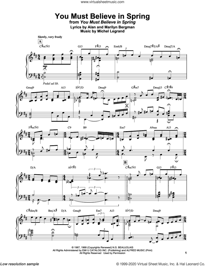 You Must Believe In Spring sheet music for piano solo by Bill Evans, Alan Bergman, Marilyn Bergman and Michel LeGrand, intermediate skill level