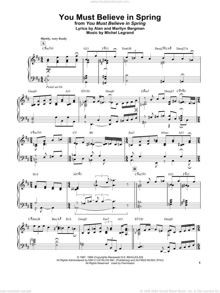 You Must Believe In Spring sheet music for piano solo by Bill Evans, Alan Bergman, Marilyn Bergman and Michel LeGrand, intermediate skill level