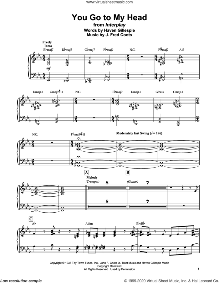 You Go To My Head sheet music for piano solo by Bill Evans, Haven Gillespie and J. Fred Coots, intermediate skill level
