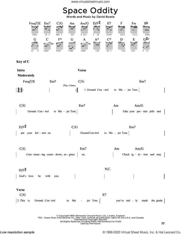 Space Oddity sheet music for guitar solo (lead sheet) by David Bowie, intermediate guitar (lead sheet)