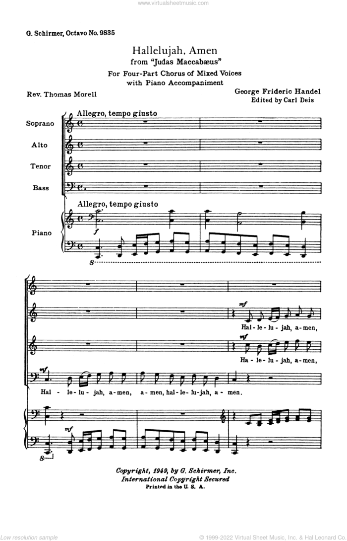 Hallelujah, Amen (from Judas Maccabaeus) sheet music for choir (SATB: soprano, alto, tenor, bass) by George Frideric Handel, Carl Deis and Rev. Thomas Morell, classical score, intermediate skill level