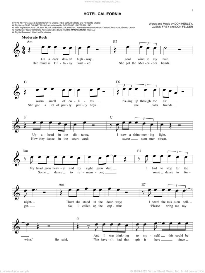 Hotel California sheet music for voice and other instruments (fake book) by Don Henley, The Eagles, Don Felder and Glenn Frey, intermediate skill level