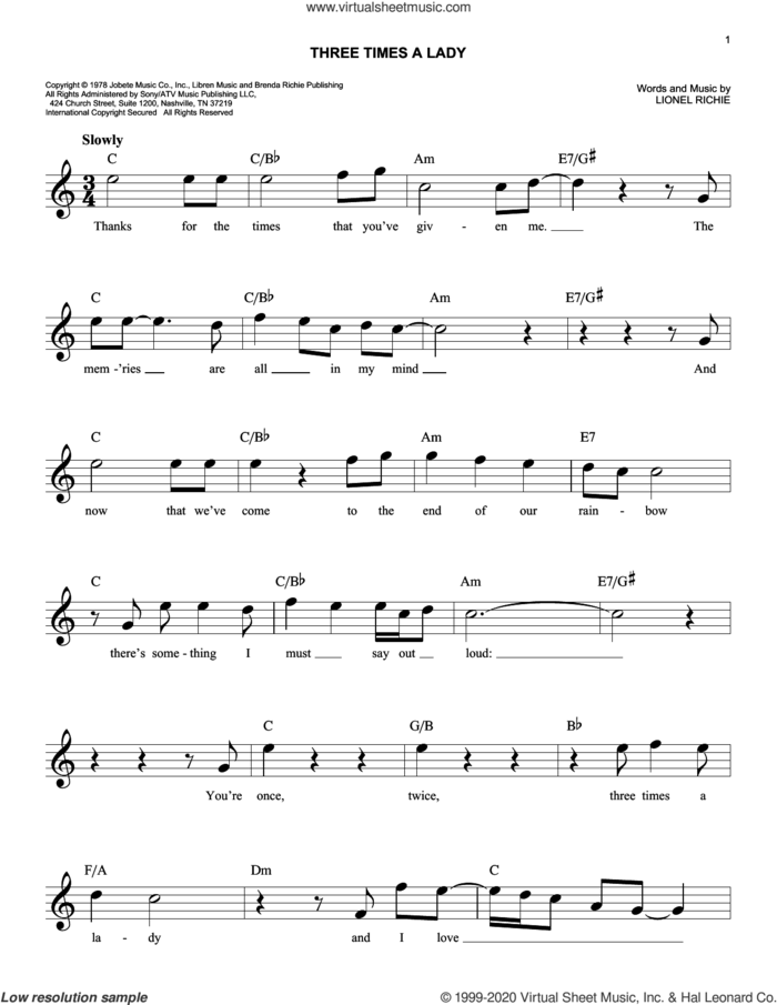 Three Times A Lady sheet music for voice and other instruments (fake book) by Lionel Richie and The Commodores, easy skill level