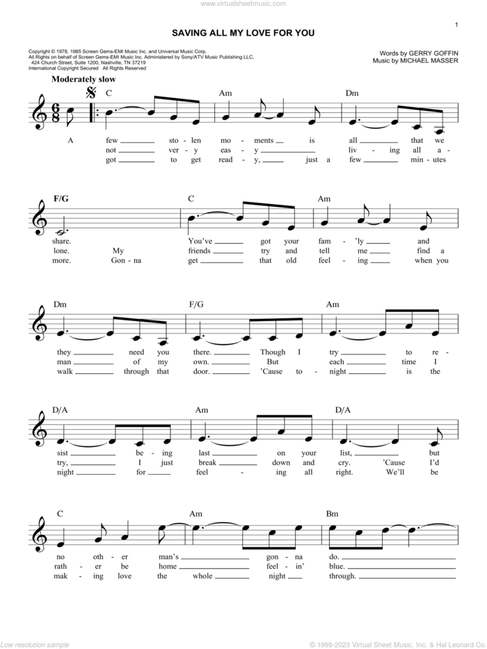 Saving All My Love For You sheet music for voice and other instruments (fake book) by Whitney Houston, Gerry Goffin and Michael Masser, easy skill level