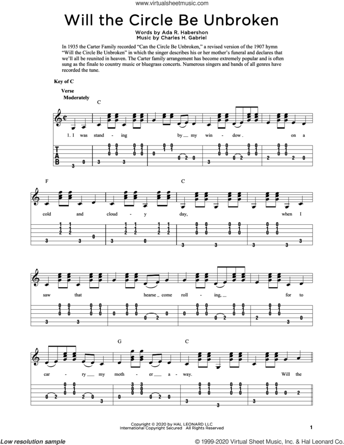Will The Circle Be Unbroken (arr. Fred Sokolow) sheet music for guitar solo by Charles H. Gabriel, Fred Sokolow and Ada R. Habershon, intermediate skill level