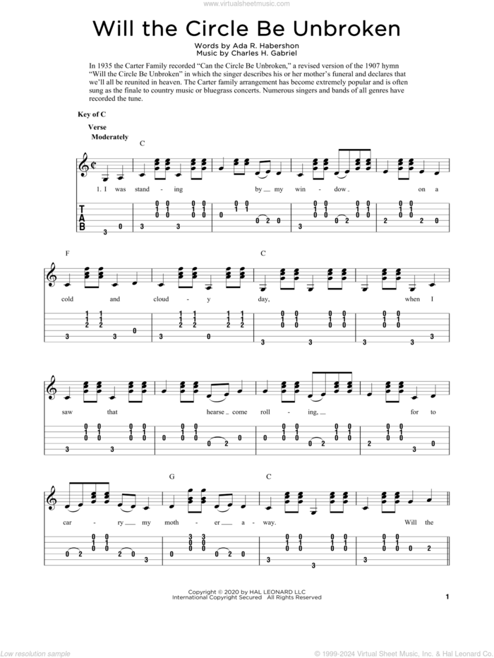 Will The Circle Be Unbroken (arr. Fred Sokolow) sheet music for guitar solo by Charles H. Gabriel, Fred Sokolow and Ada R. Habershon, intermediate skill level