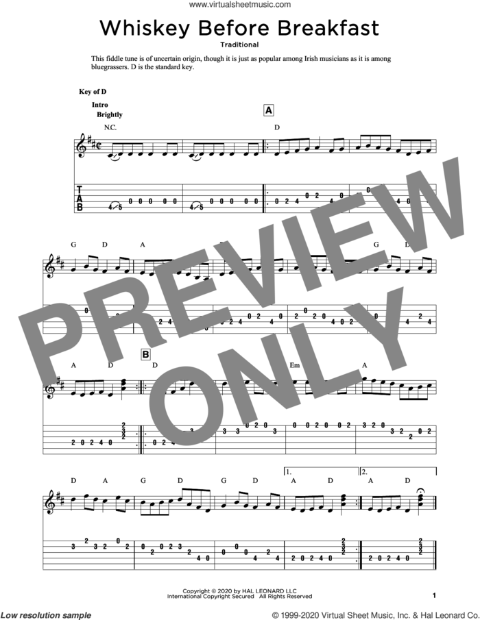 Whiskey Before Breakfast (arr. Fred Sokolow) sheet music for guitar solo  and Fred Sokolow, intermediate skill level