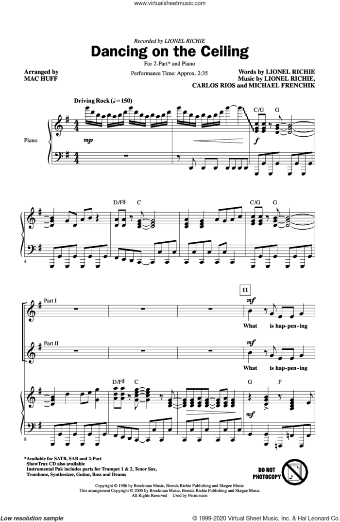 Dancing On The Ceiling (arr. Mac Huff) sheet music for choir (2-Part) by Lionel Richie, Mac Huff, Carlos Rios and Michael Frenchik, intermediate duet