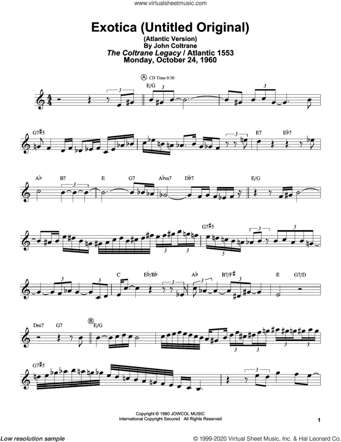Exotica (Untitled Original) (Atlantic Version) sheet music for tenor saxophone solo (transcription) by John Coltrane and Masaya Yamaguchi, intermediate tenor saxophone (transcription)
