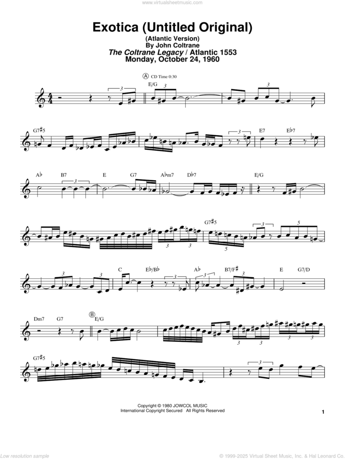 Exotica (Untitled Original) (Atlantic Version) sheet music for tenor saxophone solo (transcription) by John Coltrane and Masaya Yamaguchi, intermediate tenor saxophone (transcription)