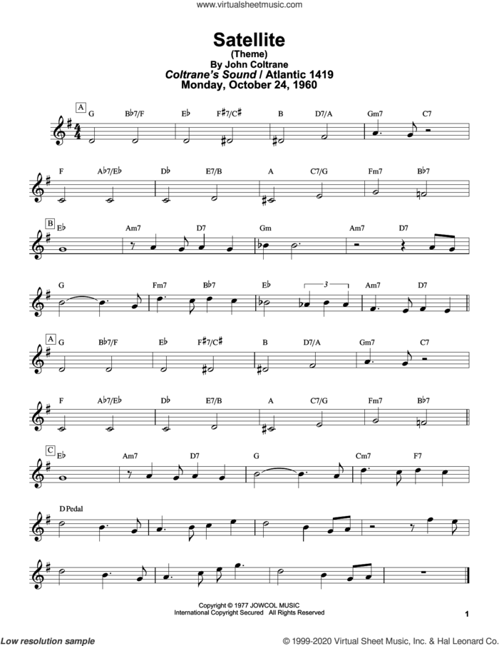 Satellite sheet music for tenor saxophone solo (transcription) by John Coltrane and Masaya Yamaguchi, intermediate tenor saxophone (transcription)