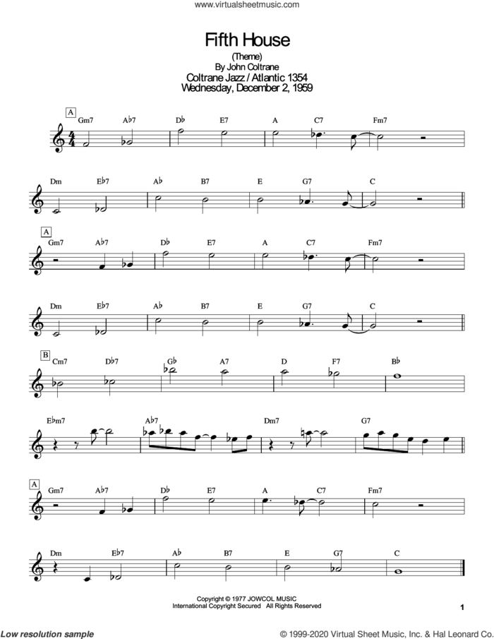 Fifth House sheet music for tenor saxophone solo (transcription) by John Coltrane and Masaya Yamaguchi, intermediate tenor saxophone (transcription)