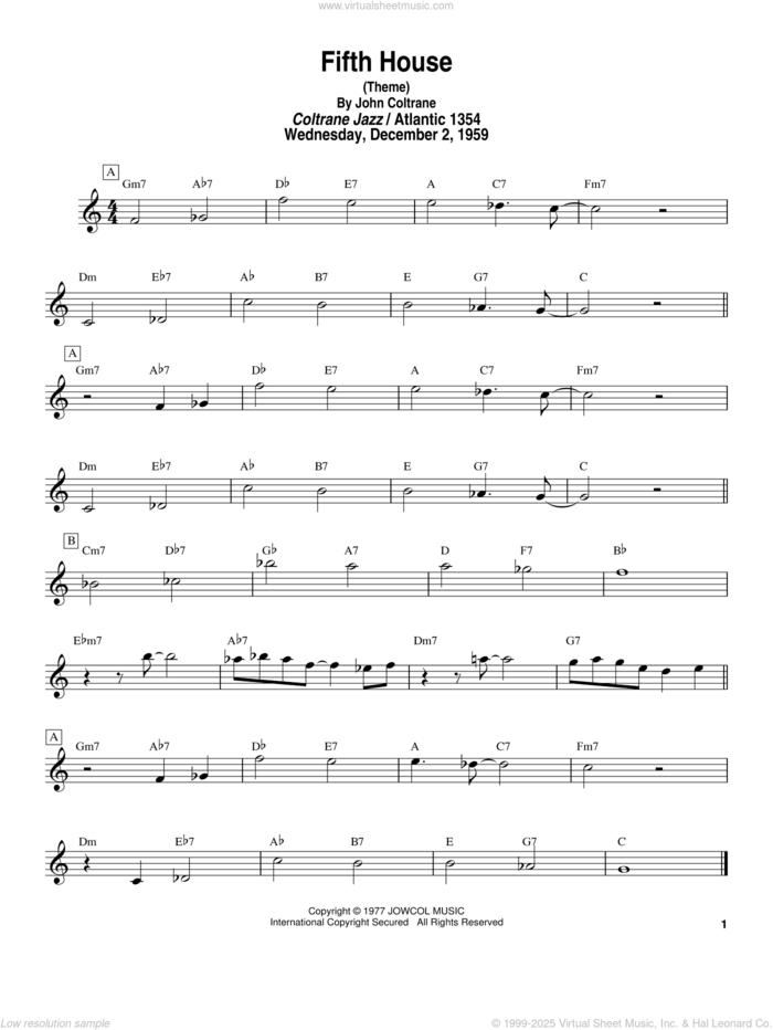 Fifth House sheet music for tenor saxophone solo (transcription) by John Coltrane and Masaya Yamaguchi, intermediate tenor saxophone (transcription)