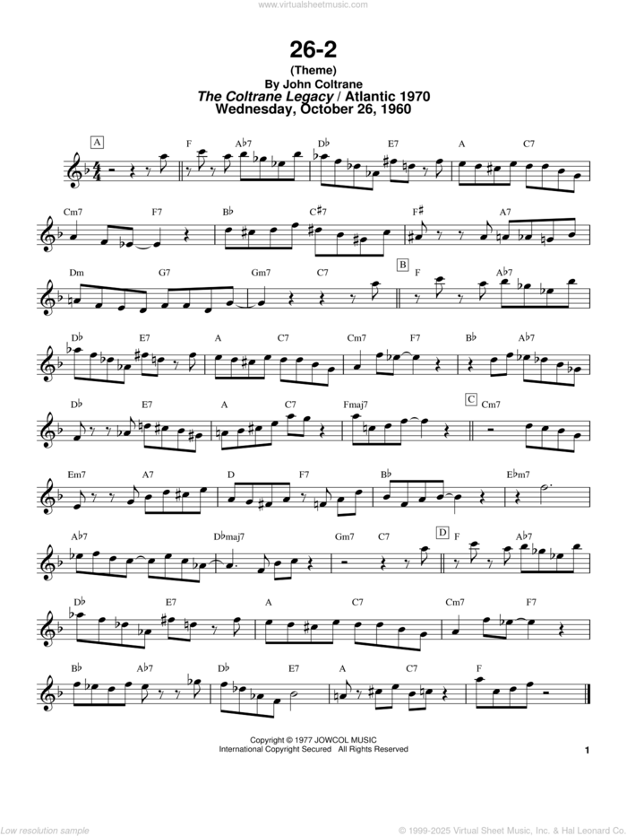 26-2 sheet music for tenor saxophone solo (transcription) by John Coltrane and Masaya Yamaguchi, intermediate tenor saxophone (transcription)