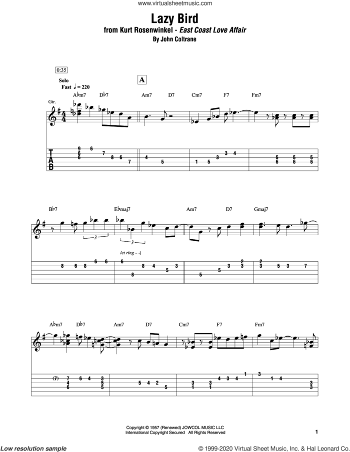 Lazy Bird sheet music for electric guitar (transcription) by Kurt Rosenwinkel and John Coltrane, intermediate skill level