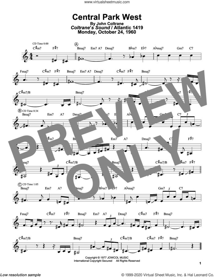 Central Park West sheet music for tenor saxophone solo (transcription) by John Coltrane and Masaya Yamaguchi, intermediate tenor saxophone (transcription)