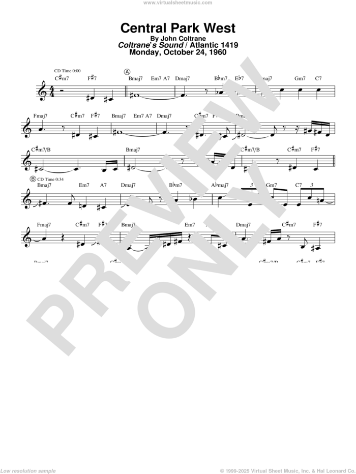 Central Park West sheet music for tenor saxophone solo (transcription) by John Coltrane and Masaya Yamaguchi, intermediate tenor saxophone (transcription)