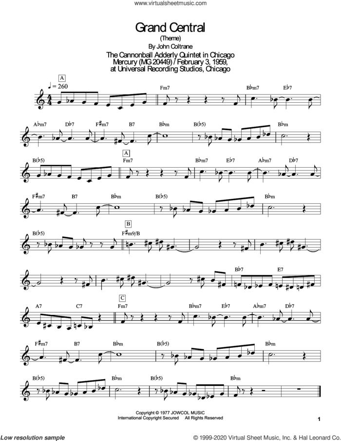 Grand Central sheet music for tenor saxophone solo (transcription) by John Coltrane and Masaya Yamaguchi, intermediate tenor saxophone (transcription)