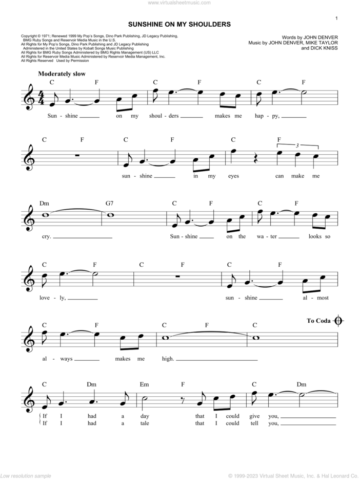 Sunshine On My Shoulders sheet music for voice and other instruments (fake book) by John Denver, Dick Kniss and Mike Taylor, easy skill level
