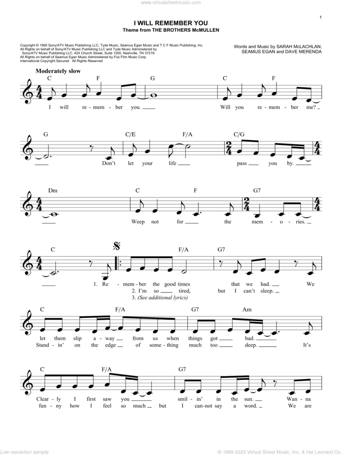 I Will Remember You sheet music for voice and other instruments (fake book) by Sarah McLachlan, Dave Merenda and Seamus Egan, intermediate skill level