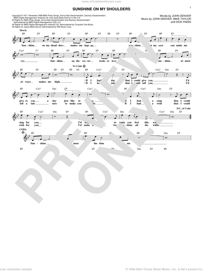 Sunshine On My Shoulders sheet music for voice and other instruments (fake book) by John Denver, Dick Kniss and Mike Taylor, intermediate skill level