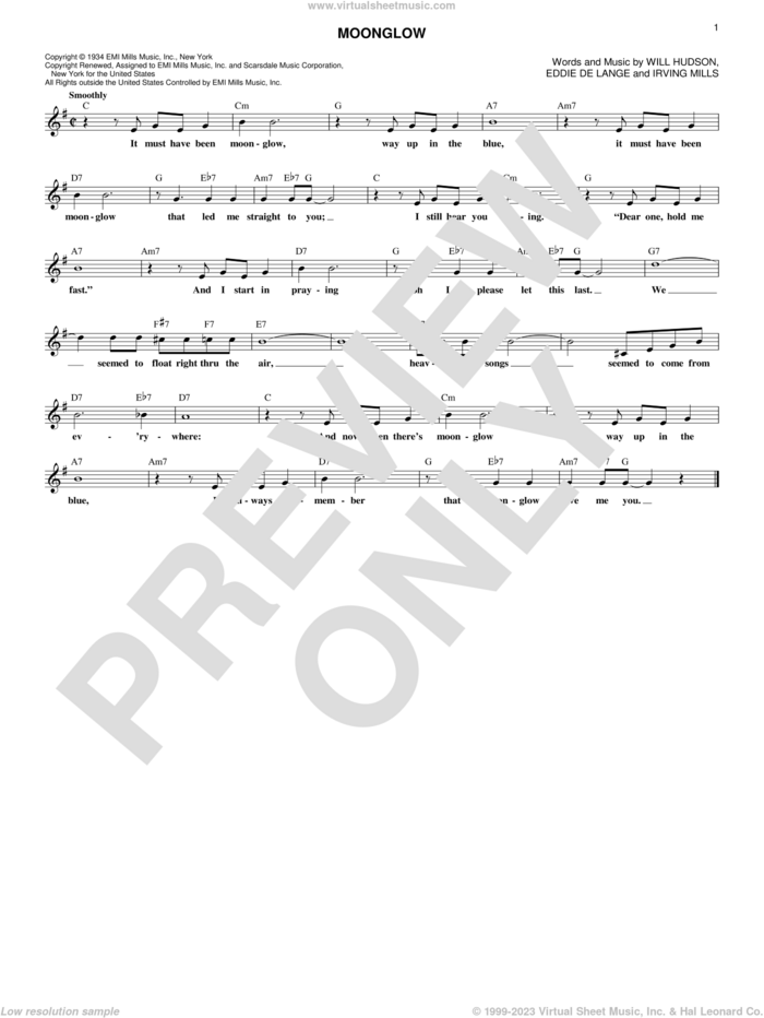 Moonglow sheet music for voice and other instruments (fake book) by Irving Mills, Eddie DeLange, Will Hudson and Will Hudson, Eddie DeLange and Irving Mills, intermediate skill level