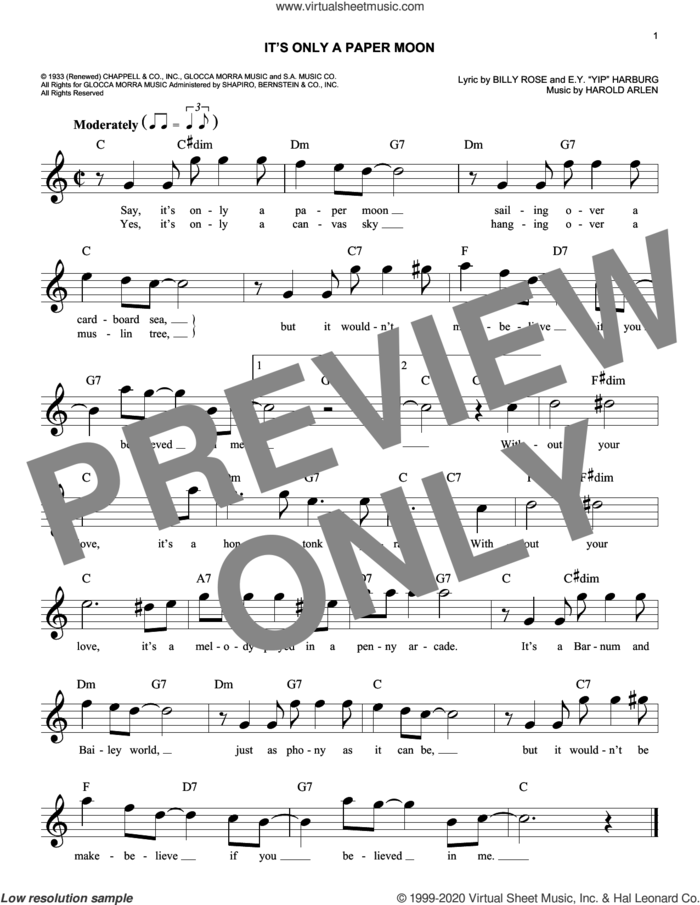 It's Only A Paper Moon sheet music for voice and other instruments (fake book) by Harold Arlen, Billy Rose, Billy Rose, E.Y. 'Yip' Harburg and Harold Arlen and E.Y. Harburg, intermediate skill level