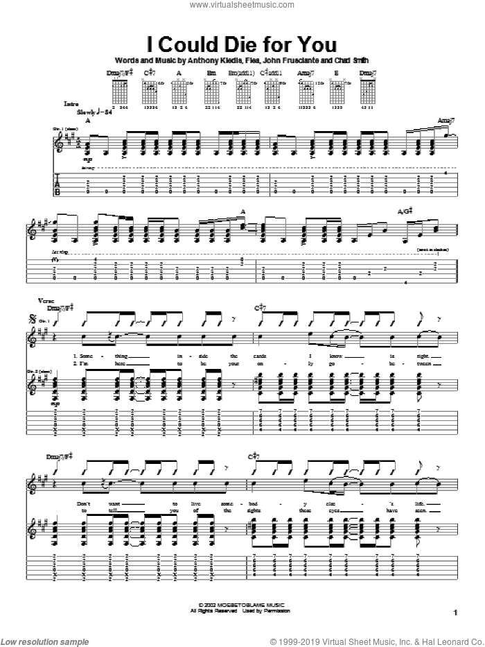 I Could Die For You sheet music for guitar (tablature) by Red Hot Chili Peppers, Anthony Kiedis, Flea and John Frusciante, intermediate skill level