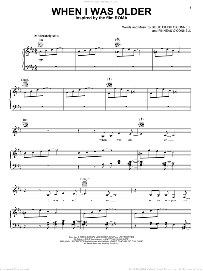 WHEN I WAS OLDER (Music Inspired by Roma) sheet music for voice, piano or guitar by Billie Eilish, intermediate skill level
