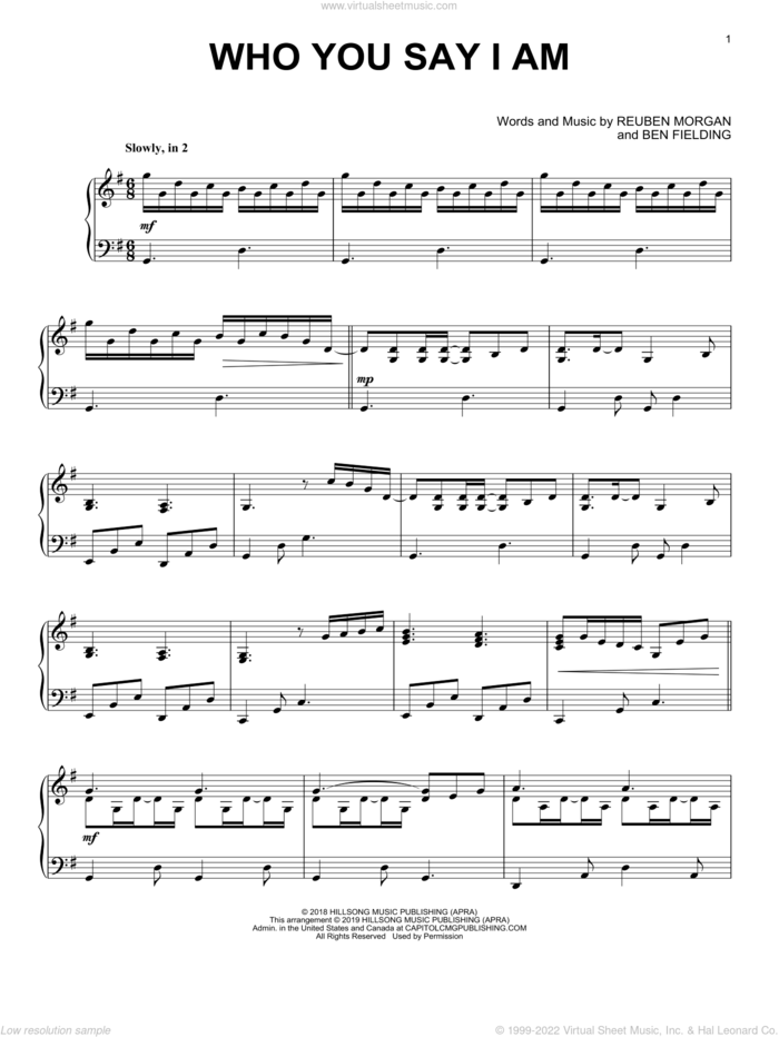 Who You Say I Am, (intermediate) sheet music for piano solo by Hillsong Worship, Ben Fielding and Reuben Morgan, intermediate skill level