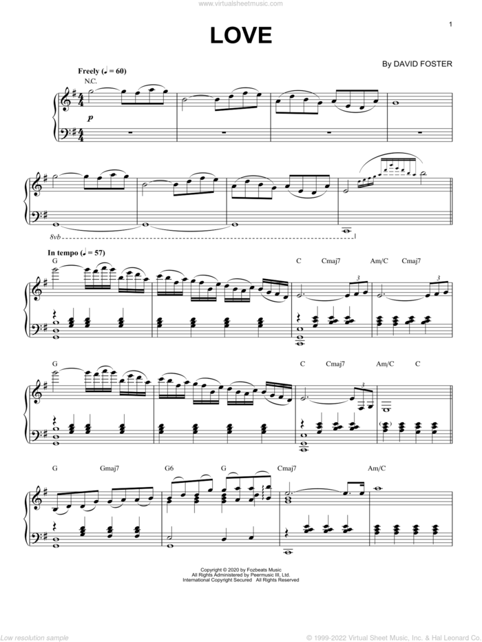 Love sheet music for piano solo by David Foster, classical score, intermediate skill level